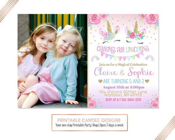 Invitation De Licorne Soeur Double Anniversaire De Licorne Etsy
