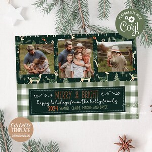 Modello di biglietto di Natale modificabile con cervo scandinavo, agrifoglio, 4 foto, plaid verde, file digitale stampabile