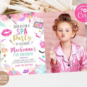 Editable Spa Birthday Party Invite Girl Makeup Party Template Photo Invitation Gold Pink Instant Download Printable