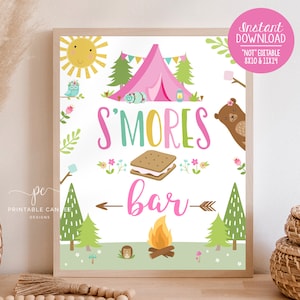S&#39;mores Bar Party Sign Girl Camping Smores Station Bonfire Birthday Woodland Decor Backyard Glamping Sleepover Printable