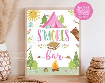 S'mores Bar Party Sign Girl Camping Smores Station Bonfire Birthday Woodland Decor Backyard Glamping Sleepover Printable