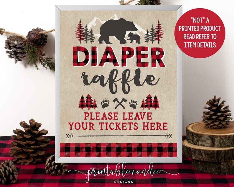 Lumberjack Diaper Raffle Sign Bear Baby Shower Buffalo Plaid Decor ...