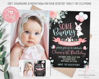Invitation d'anniversaire lapin 1er anniversaire de lapin modifiable, invitation rose craie printemps thème modèle de téléchargement