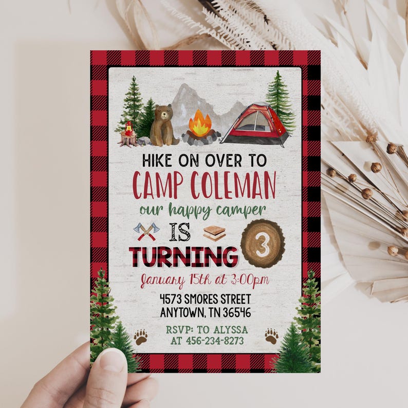 Camping Party Invitation Template Bear Lumberjack Birthday Invite Printable BRPC image 3