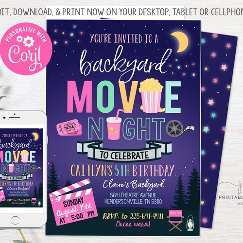 Backyard Movie Night Invitation Outdoor Movie Birthday Party Etsy