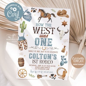 Editable How The West Was One Birthday Invitation Cowboy Blue 1st Rodeo Party Invite Ranch Theme Template Printable Instant Download