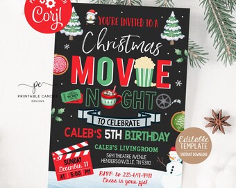 Weihnachten Movie Night Einladung Urlaub Film Geburtstagsparty Rot Grün Cookie Party Bearbeitbar Einladen Sofort Download