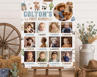 Cowboy Birthday 1st Year Photo Collage Sign Rodeo Party Highland Cow Ranch Digital Template
