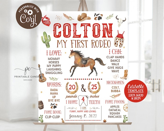 Editable Cowboy Milestone Sign 1st Rodeo Birthday Party Theme Wild West Stats Sign Red Ranch Decor Printable Instant Download Template