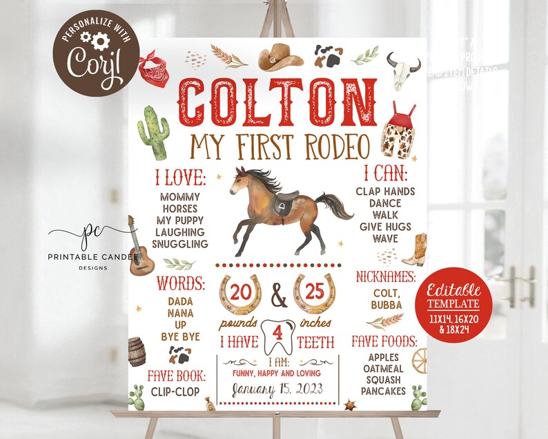 May include: A personalized rodeo-themed sign with the name "Colton" in red letters. The sign includes a watercolor horse illustration, details about the child's likes, abilities, and favorite foods. It measures 11x14, 16x20, or 18x24 inches.