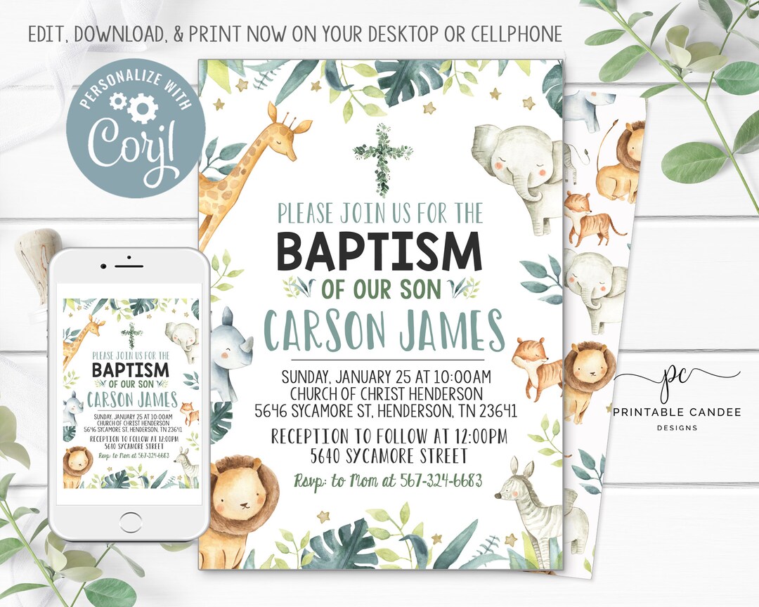 Baptism Invitation Jungle Christening Invite Template Safari Editable