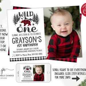 Lumberjack 1st Birthday Invitation Bear Wild One Plaid Theme Printable Instant Download Editable File
