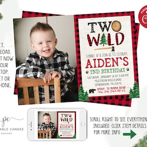 Two Wild Lumberjack 2nd Birthday Invitation Bear Plaid Theme Printable Instant Download Editable File