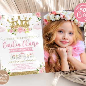 Princess Birthday Invitation Editable Crown Invite Photo Template Blush Pink Gold Watercolor Floral Printable Instant Download