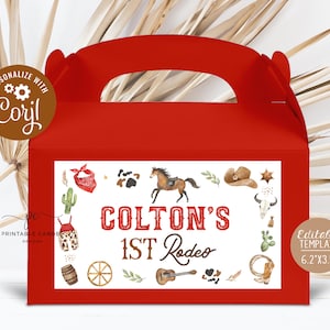 Cowboy Gable Box Labels 1st Rodeo Birthday Theme Wild West Favors Red Ranch Decor Printables Instant Download