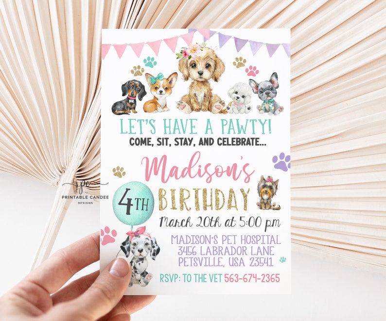 Editable Girl Puppy Birthday Invite Pink Dog Party Invitation Template ...