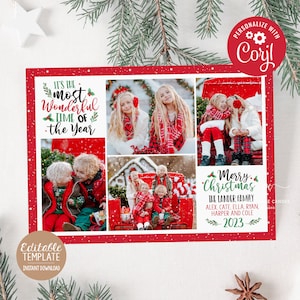Modelo de cartão de Natal editável 4 cartão de foto vermelho verde tema de feriado arquivo digital para impressão