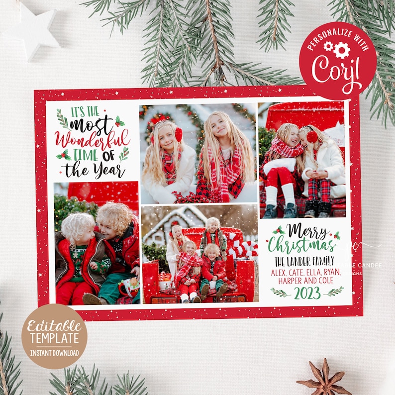 May include: A red and white Christmas card with a collage of family photos. The text reads "It's the most wonderful time of the year" and "Merry Christmas The Lander Family Alex, Cate, Ella, Ryan, Harper and Cole 2023".