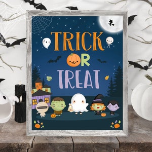 Halloween Trick or Treat Sign Costume Birthday Party Decor Ghost Theme Pumpkin Door Sign Instant Download Printable
