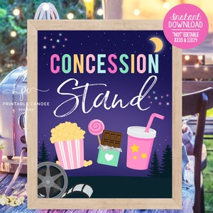 Backyard Movie Night Printable Concession Sign Outdoor Movie Birthday Party Decor Girl Sleepover Instant Download