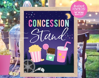 Backyard Movie Night Printable Concession Sign Outdoor Movie Birthday Party Decor Girl Sleepover Instant Download