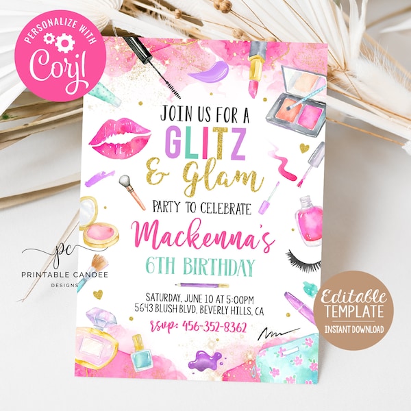 Editable Glitz and Glam Birthday Party Invite Girl Spa Party Template Makeup Invitation Gold Pink Instant Download Printable