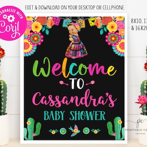 Fiesta Welcome Sign Floral Girl Baby Shower Decor Template Señorita Mexican Theme Cactus Editable File Printable