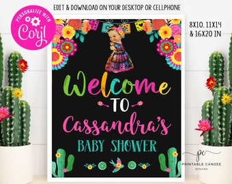 Fiesta Welcome Sign Floral Girl Baby Shower Decor Template Señorita Mexican Theme Cactus Editable File Printable