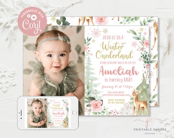 Winter Onederland Einladung Schneeflocke Hirsch Geburtstag Pink Gold Party Wald Vorlage Druckbare Datei