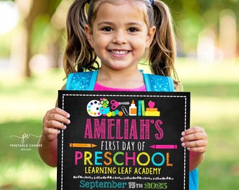 Editable Girl First Day of School Sign Pink 1st Day of Preschool Template Back to School Signs Kindergarten Printable
