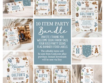 Cowboy Birthday Decor Bundle Rodeo Party Highland Cow Ranch Digital Templates