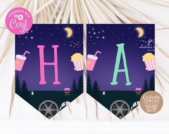 May include: Printable banner featuring the letters "HA" in pink and green, with a movie night theme. The banner depicts a night sky with stars, a crescent moon, popcorn, a drink, and a movie projector.