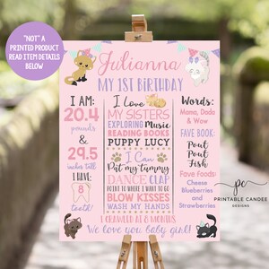 Chica gato 1er cumpleaños estadísticas signo hito cartel 1er cumpleaños rosa gatito mascota tema decoración tablero personalizado archivo imprimible