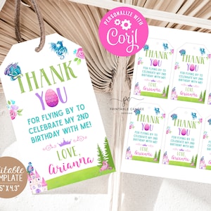 Girl Dragon Favor Tags Editable Birthday Pink Dragon Party Printable Luggage Favors Dragons White Theme Template Instant Download