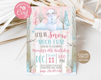 Editable Snowman Birthday Invitation Girl Winter Birthday Snow much fun Party Invite Template Instant Download