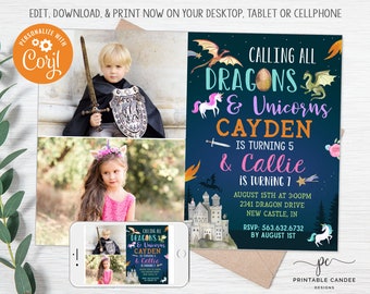 Unicorns and Dragons Birthday Invitation Editable Dragon Unicorn Party Printable Invite Sibling Birthday Theme Template Instant Download