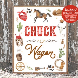 May include: A printable sign with a white background and brown text that says "Chuck Wagon". The sign is decorated with western-themed illustrations, including a cactus, a horseshoe, a cowboy hat, a bandana, a wagon wheel, a guitar, and a cowboy boot.