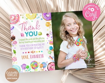 Compleanno di caramelle Grazie, lecca-lecca, ciambella, celebrazione dolce, modello modificabile per negozio di dolci per ragazza, download immediato