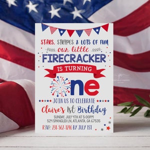 4th of July 1st Birthday Invitation Red White and Blue Firecracker Patriotic Stars Stripes Editable Template Download Printable