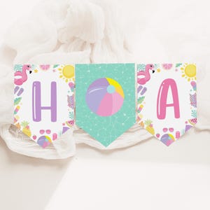 May include: A colorful summer-themed banner with the word "HOA" in pink, purple, and white letters. The banner features a beach ball, flamingos, pineapples, and watermelon.
