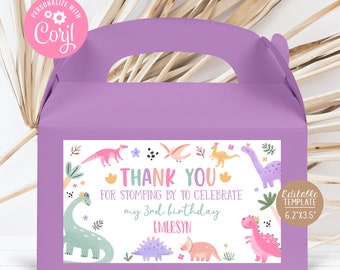 Pastel Dinosaur Editable Gable Box Label Girl Dino Birthday Party Decor Template Cute Dino Pink Printable DG24