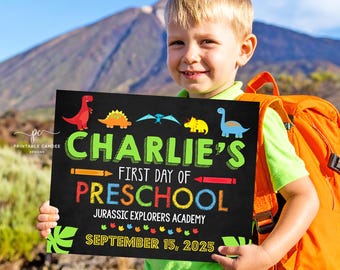 Editable Dinosaur First Day of School Sign Green Trex 1st Day of Preschool Template Back to School Signs Kindergarten Printable