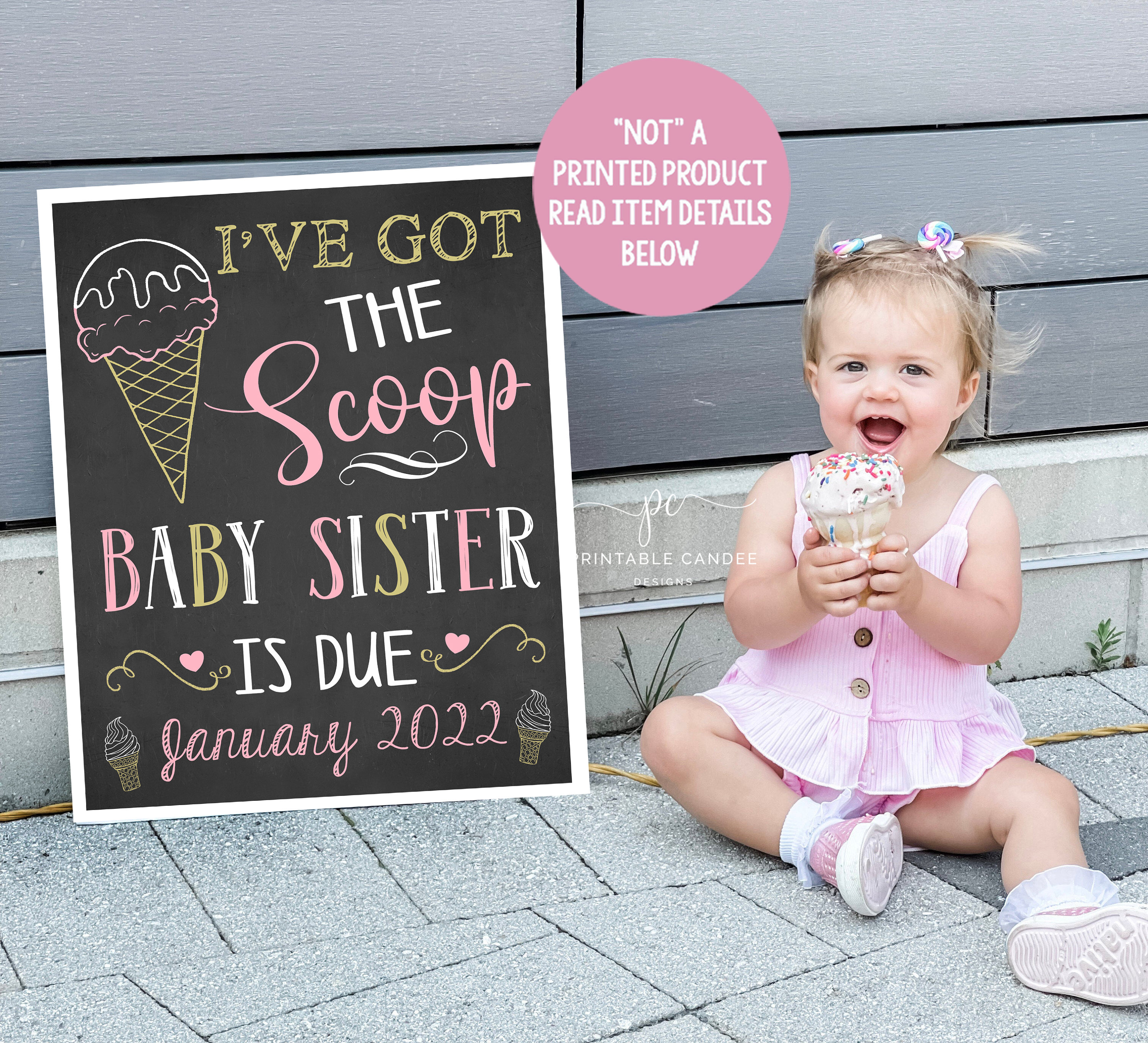Eis Big Sister Schwangerschaft Ankündigung Sommer Got the scoop Fotoshooting Prop fördert Schild Kreidetafel druckbare Datei