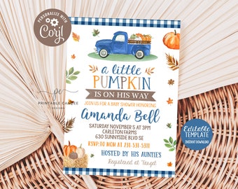 May include: A blue and white baby shower invitation with a blue pickup truck carrying pumpkins. The invitation says "a little pumpkin is on his way" and includes the name "Amanda Bell".