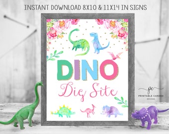 Dinosaur Dig Site Sign Girl Dino Birthday Table Games Gift Decor Printable Instant Download 8x10 Inches