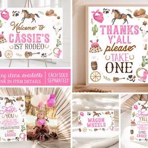 May include: A set of printable party decorations for a girl's first birthday party with a Western theme. The decorations feature a pink and brown colour scheme with images of horses, cacti, and cowboy hats. The text on the signs says "Welcome to Cassie's 1st Rodeo", "Thanks Y'all Please Take One", "Wagon Wheels", and "Thanks Y'all for Galloping on by to Celebrate my 1st Birthday. Love, Cassie".