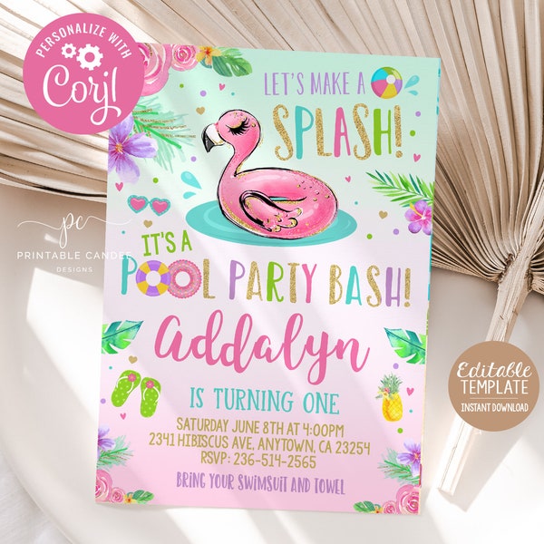 Flamingo Pool Party Invitation Editable Summer Birthday Invite Template Ananas Flamingle Thème Téléchargement instantané Fichier imprimable