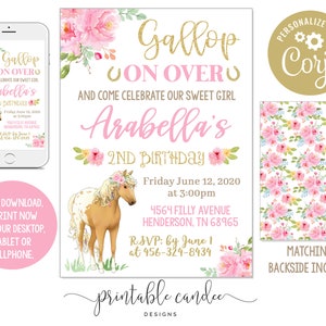 Horse Birthday Invitation Cowgirl Party Invite Floral Gold Pink Girl Theme Editable Template Printable Instant Download