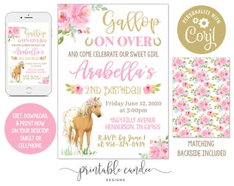 May include: Printable invitation for a 2nd birthday party with a pink and gold color scheme. The invitation features a horse with a floral crown and the text "Gallop On Over" and "Arabella's 2nd Birthday".