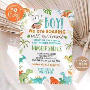 Editable Dinosaur Baby Shower Invitation It&#39;s a Boy Editable Template Dino Baby Shower Printable Boy Baby Shower Invite